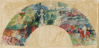 Design for a Fan Featuring a Landscape and a Statue of the Goddess Hina, 1900/03